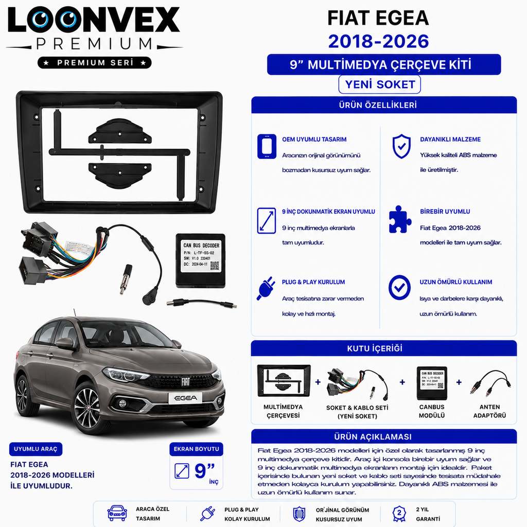 LOONVEX PREMIUM – FIAT EGEA 2018-2026 9" MULTİMEDYA ÇERÇEVE + YENİ SOKET KİTİ