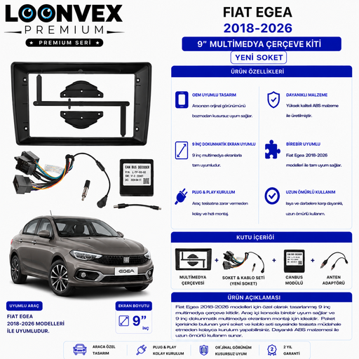 LOONVEX PREMIUM – FIAT EGEA 2018-2026 9" MULTİMEDYA ÇERÇEVE + YENİ SOKET KİTİ