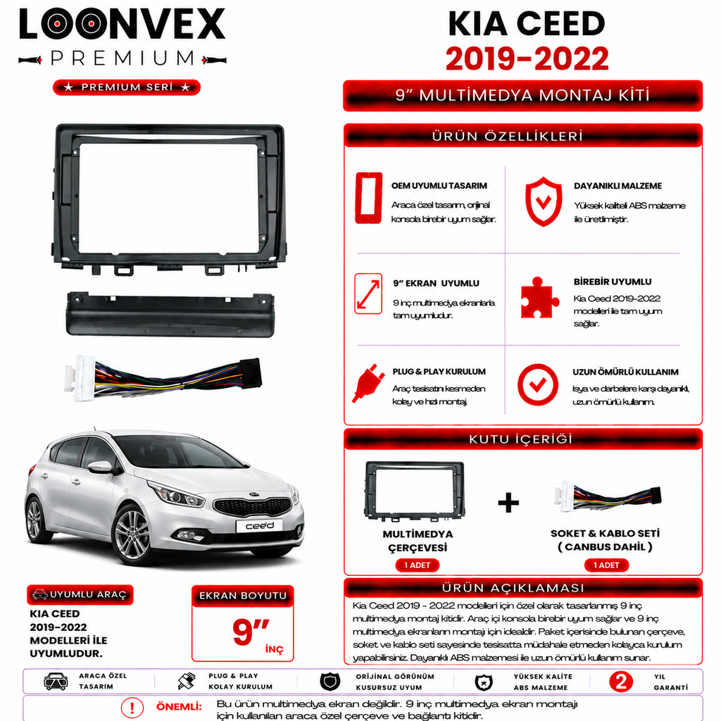 LOONVEX PREMIUM – KIA CEED 2019-2022 9" MULTİMEDYA ÇERÇEVE + SOKET KİTİ