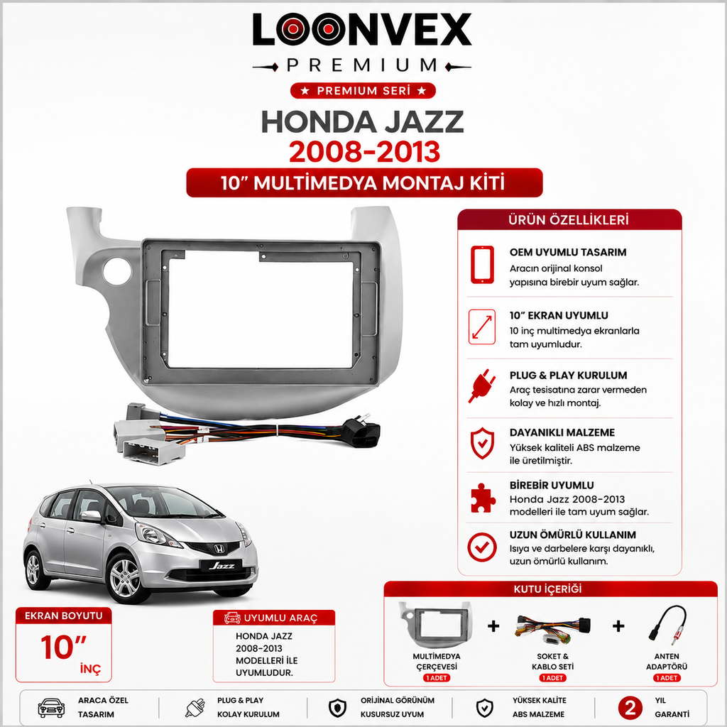 LOONVEX PREMIUM – HONDA JAZZ 2008-2013 10" MULTİMEDYA ÇERÇEVE + SOKET KİTİ