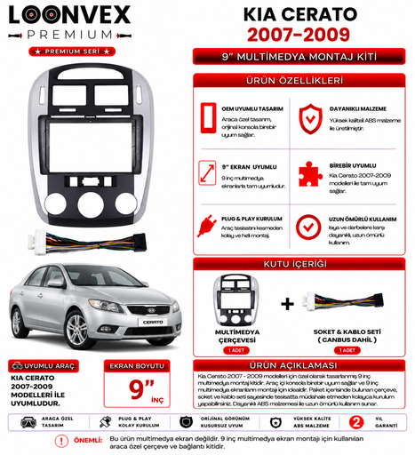 Loonvex Premium Kia Cerato 2007-2009 9 İnç Manuel Klima Multimedya Çerçeve + Soket Kiti