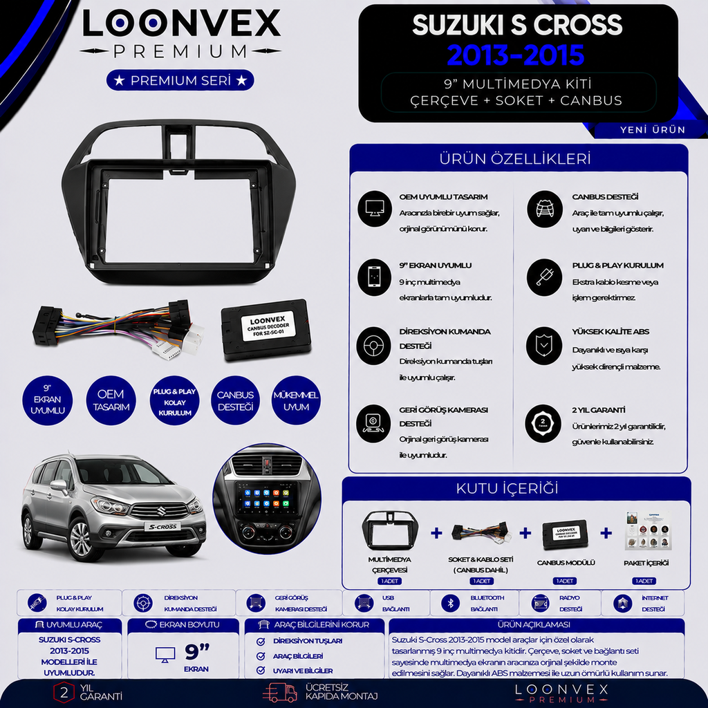 LOONVEX Premium Suzuki S-Cross 2013-2015 9 İnç Multimedya Çerçeve + Soket + CANBUS Montaj Kiti
