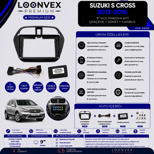 LOONVEX Premium Suzuki S-Cross 2013-2015 9 İnç Multimedya Çerçeve + Soket + CANBUS Montaj Kiti