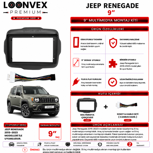 LOONVEX PREMIUM – JEEP RENEGADE 2015-2023 9" MULTİMEDYA ÇERÇEVE + SOKET KİTİ