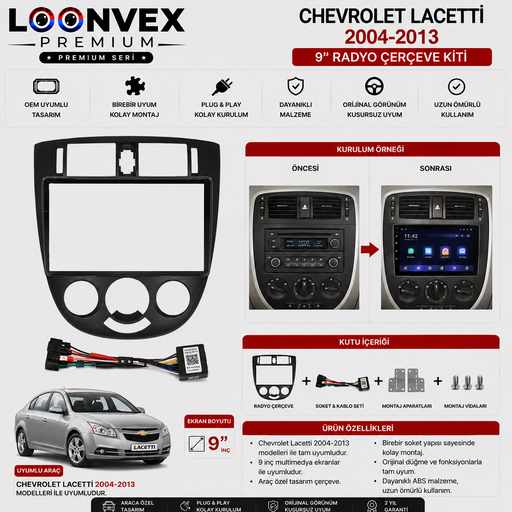LOONVEX Chevrolet Lacetti J200 (Eski Kasa) 2004-2013 9 İnç Multimedya Çerçeve + Soket Seti OEM Uyumlu