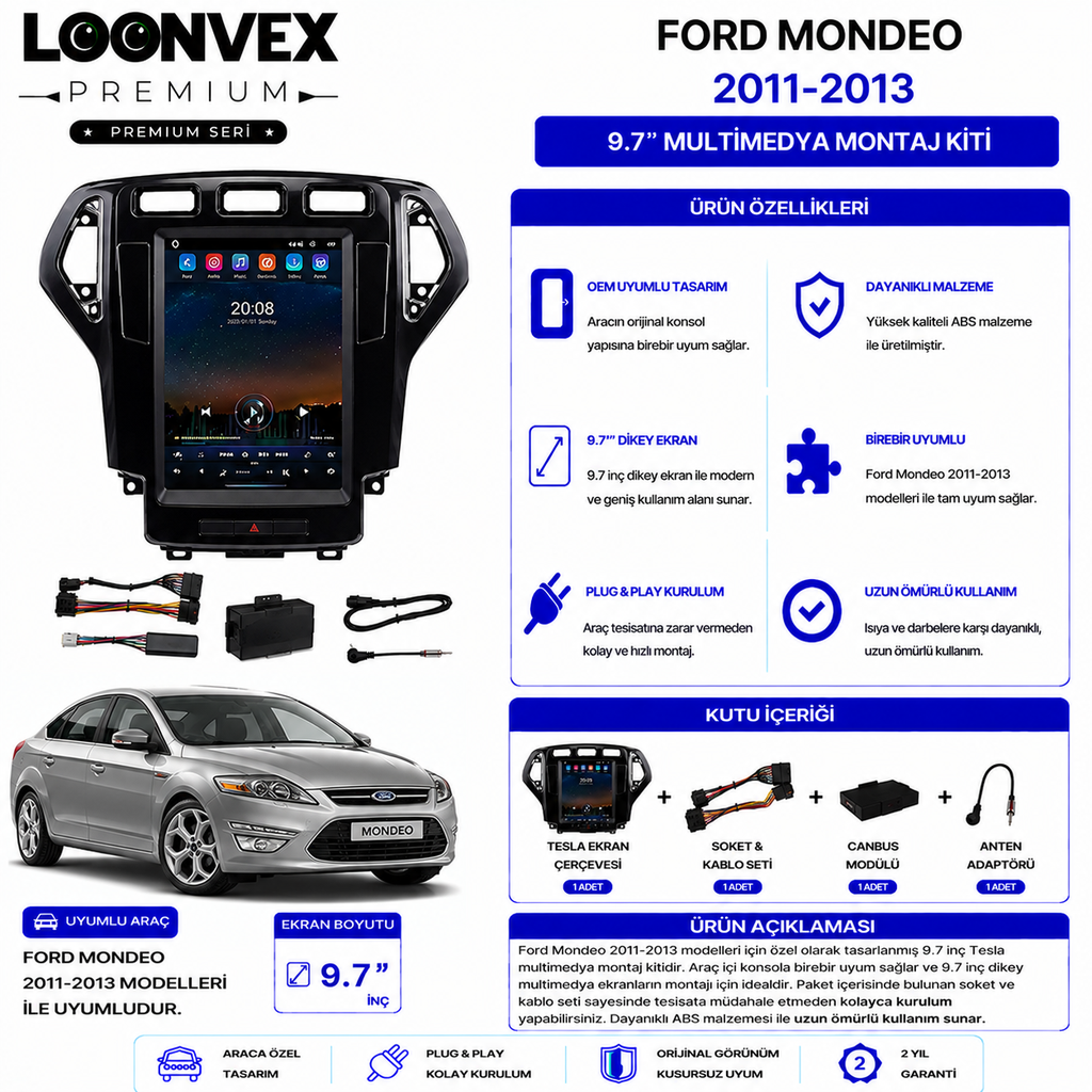 LOONVEX PREMIUM – FORD MONDEO 2011-2013 9.7" TESLA MULTİMEDYA ÇERÇEVE + SOKET KİTİ