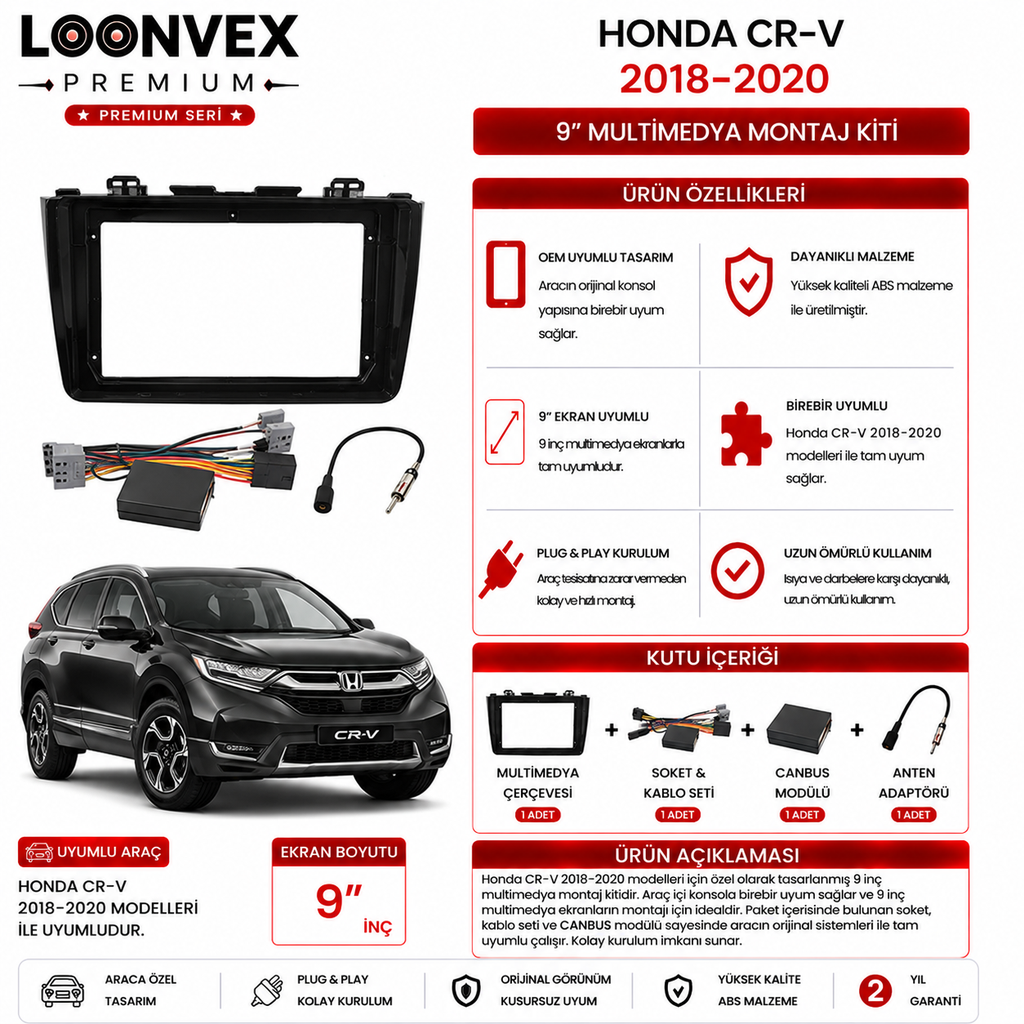 LOONVEX PREMIUM – HONDA CR-V 2018-2020 9" MULTİMEDYA ÇERÇEVE + SOKET KİTİ