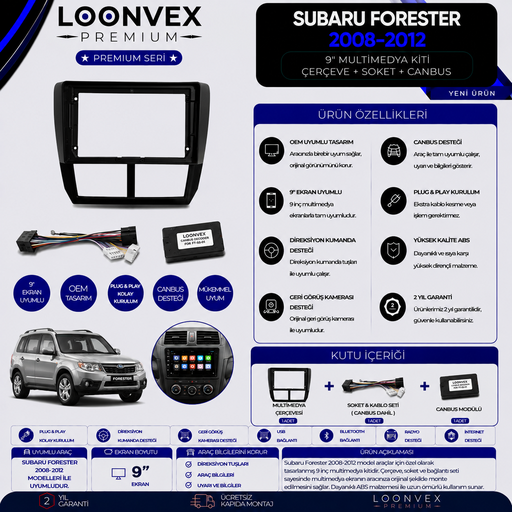 LOONVEX Premium Subaru Forester 2008-2012 9 İnç Multimedya Çerçeve + Soket + CANBUS Montaj Kiti