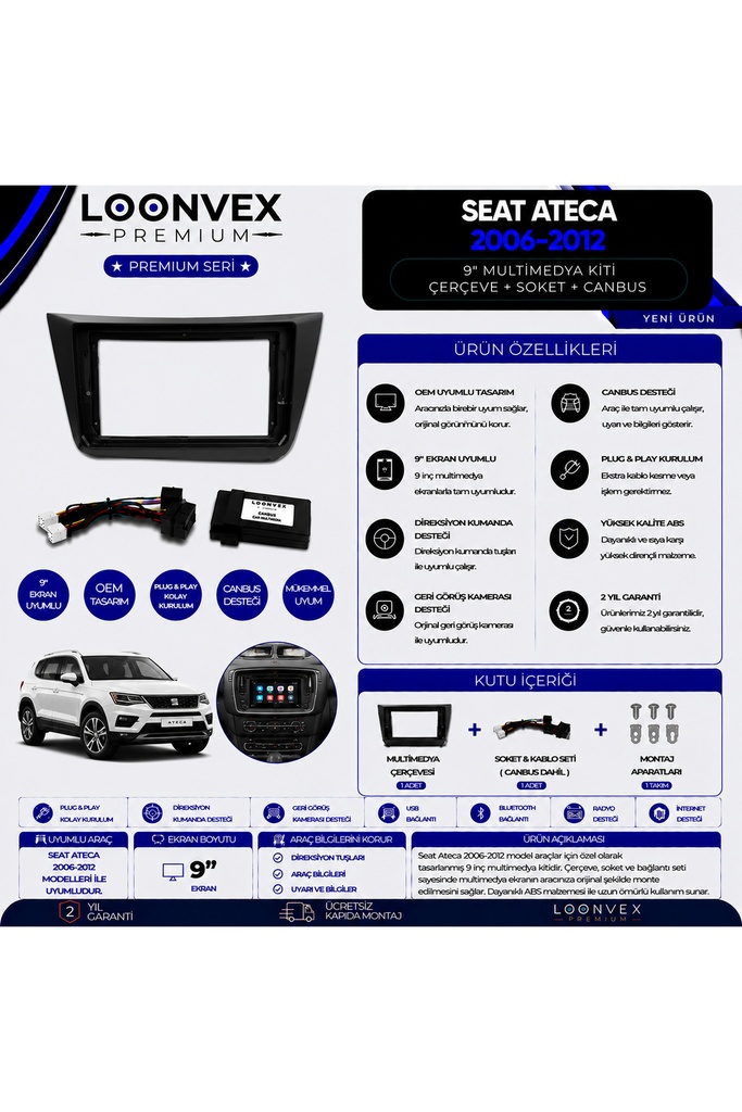 LOONVEX Premium SEAT Altea / Altea XL 2006–2012 ve Ateca 2016–2026 9 İnç Multimedya Çerçeve + Soket + CANBUS Montaj Kiti