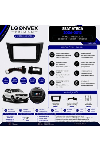 LOONVEX Premium SEAT Altea / Altea XL 2006–2012 ve Ateca 2016–2026 9 İnç Multimedya Çerçeve + Soket + CANBUS Montaj Kiti