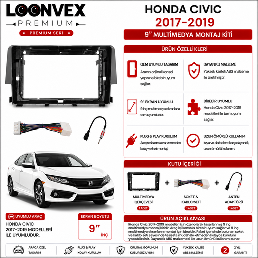 LOONVEX PREMIUM – HONDA CIVIC 2017-2019 9" MULTİMEDYA ÇERÇEVE + SOKET KİTİ