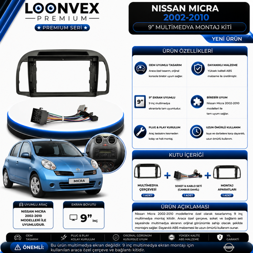 LOONVEX Premium Nissan Micra 2002-2010 9 İnç Multimedya Çerçeve ve Soket Montaj Kiti