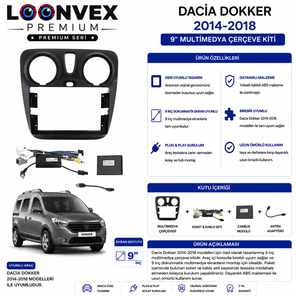 LOONVEX PREMIUM – DACIA DOKKER 2014-2018 9" MULTİMEDYA ÇERÇEVE + SOKET KİTİ