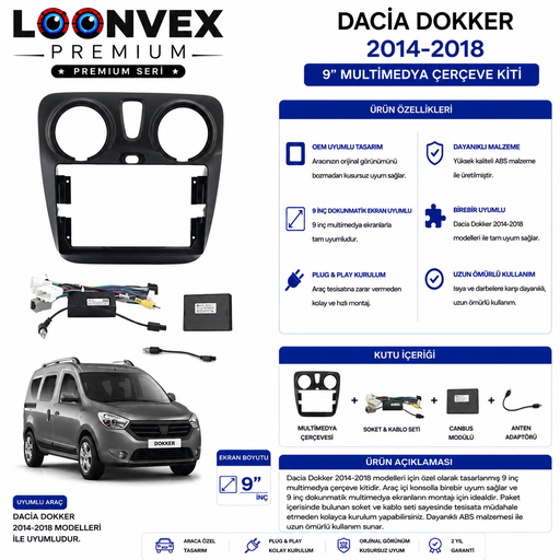 LOONVEX PREMIUM – DACIA DOKKER 2014-2018 9" MULTİMEDYA ÇERÇEVE + SOKET KİTİ