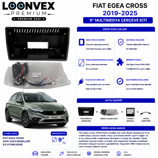 LOONVEX PREMIUM – FIAT EGEA CROSS 2019-2025 9" MULTİMEDYA ÇERÇEVE + SOKET KİTİ