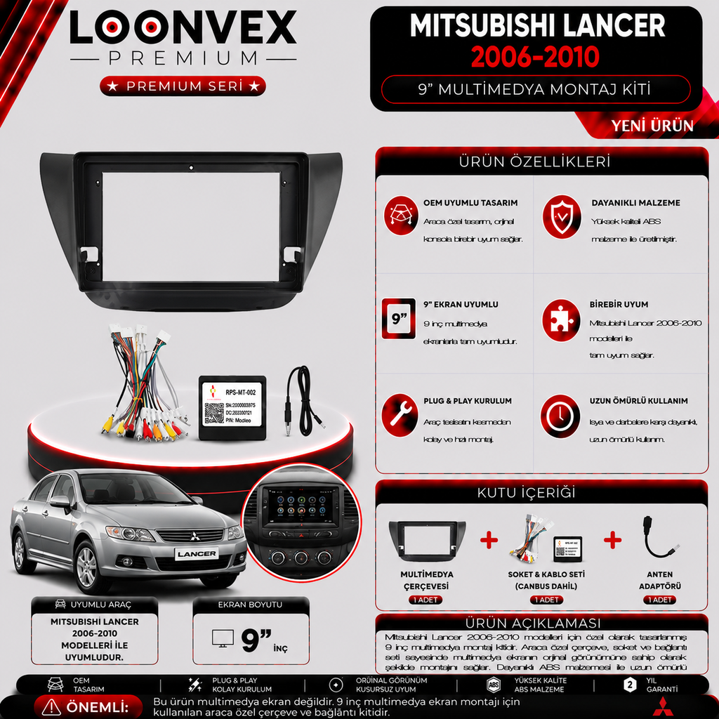 LOONVEX PREMIUM MITSUBISHI LANCER 2006-2010 9" MULTİMEDYA MONTAJ KİTİ