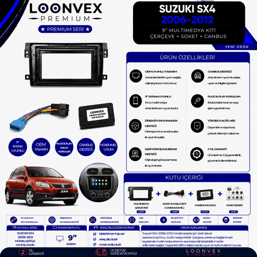 LOONVEX Premium Suzuki SX4 2006-2012 9 İnç Multimedya Çerçeve + Soket + CANBUS Montaj Kiti