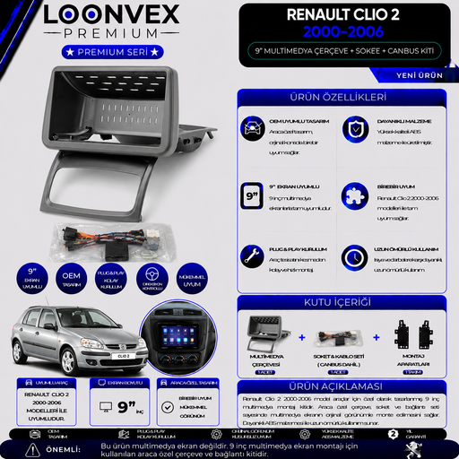 LOONVEX Premium Renault Clio 2 2000-2006 9 İnç Multimedya Çerçeve + Soket + CANBUS Montaj Kiti