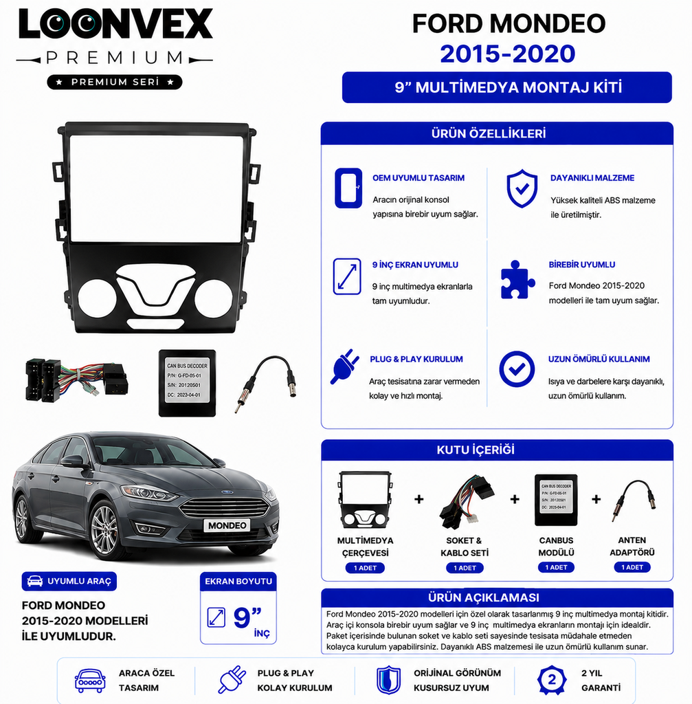 LOONVEX PREMIUM – FORD MONDEO 2015-2020 9" MULTİMEDYA ÇERÇEVE + SOKET KİTİ