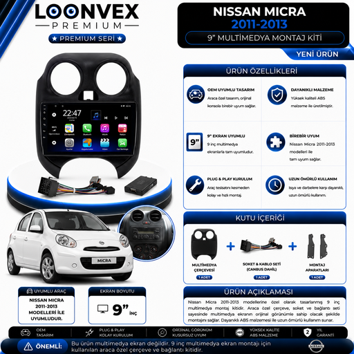 LOONVEX Premium Nissan Micra 2011-2013 9 İnç Multimedya Çerçeve ve Soket Montaj Kiti