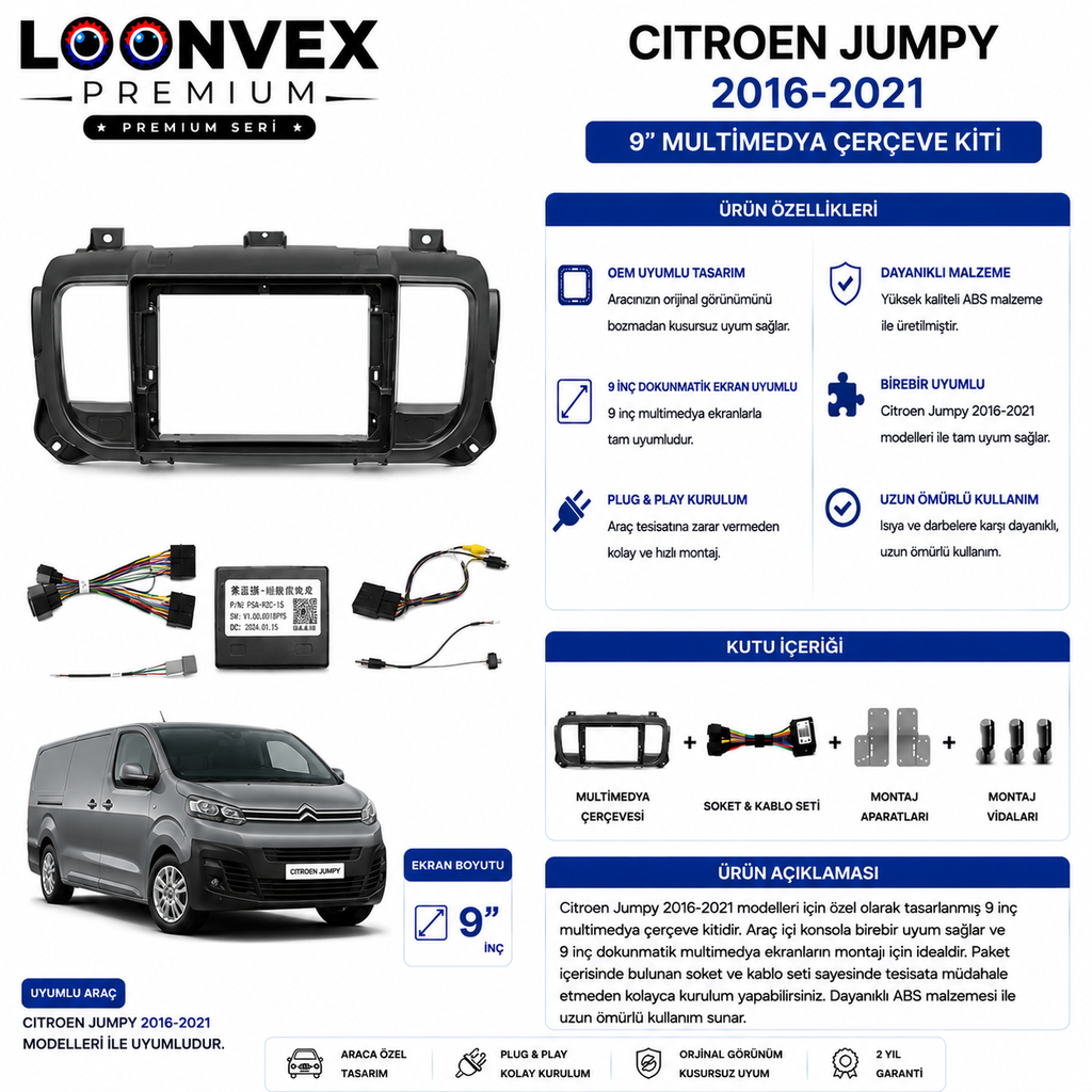 LOONVEX Citroen Jumpy 2016-2021 9 İnç Multimedya Çerçeve + Soket Seti OEM Uyumlu