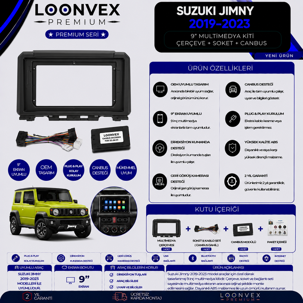 LOONVEX Premium Suzuki Jimny 2019-2023 9 İnç Multimedya Çerçeve + Soket + CANBUS Montaj Kiti
