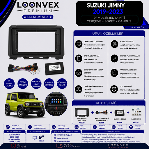 LOONVEX Premium Suzuki Jimny 2019-2023 9 İnç Multimedya Çerçeve + Soket + CANBUS Montaj Kiti