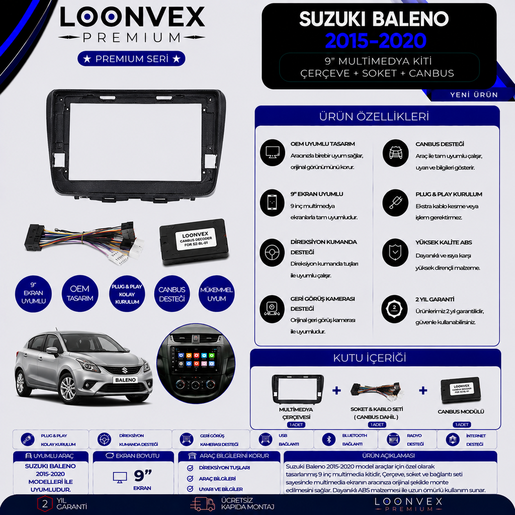 LOONVEX Premium Suzuki Baleno 2015-2020 9 İnç Multimedya Çerçeve + Soket + CANBUS Montaj Kiti
