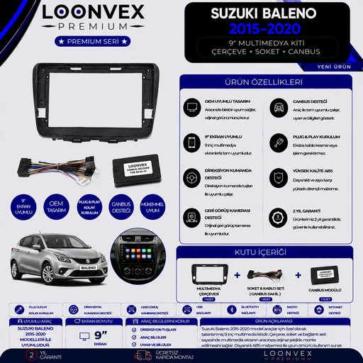 LOONVEX Premium Suzuki Baleno 2015-2020 9 İnç Multimedya Çerçeve + Soket + CANBUS Montaj Kiti