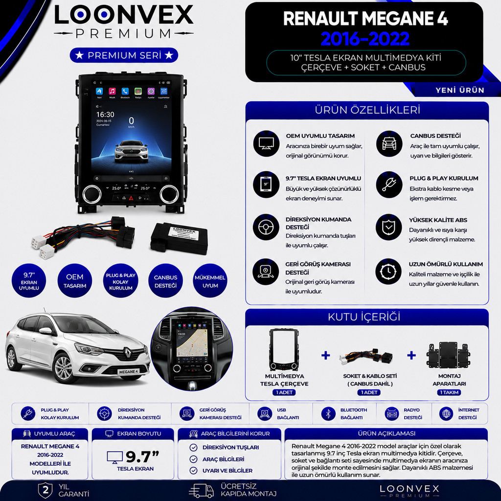 LOONVEX Premium Renault Megane 4 Tesla 9.7 İnç Multimedya Çerçeve + Soket + CANBUS Montaj Kiti