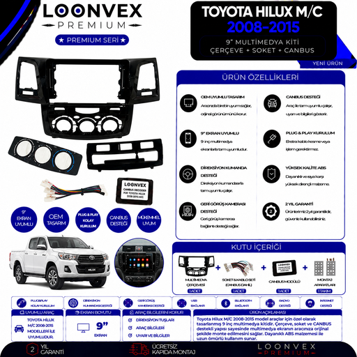 LOONVEX Premium Toyota Hilux M/C 2008-2015 9 İnç Multimedya Çerçeve + Soket + CANBUS Montaj Kiti