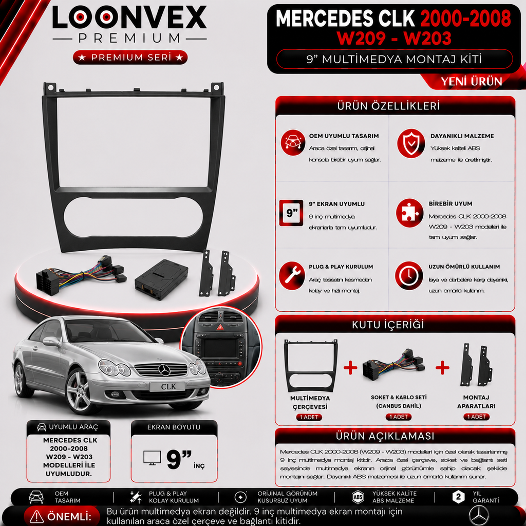 LOONVEX PREMIUM MERCEDES CLK 2000-2008 W209-W203 9" MULTİMEDYA MONTAJ KİTİ