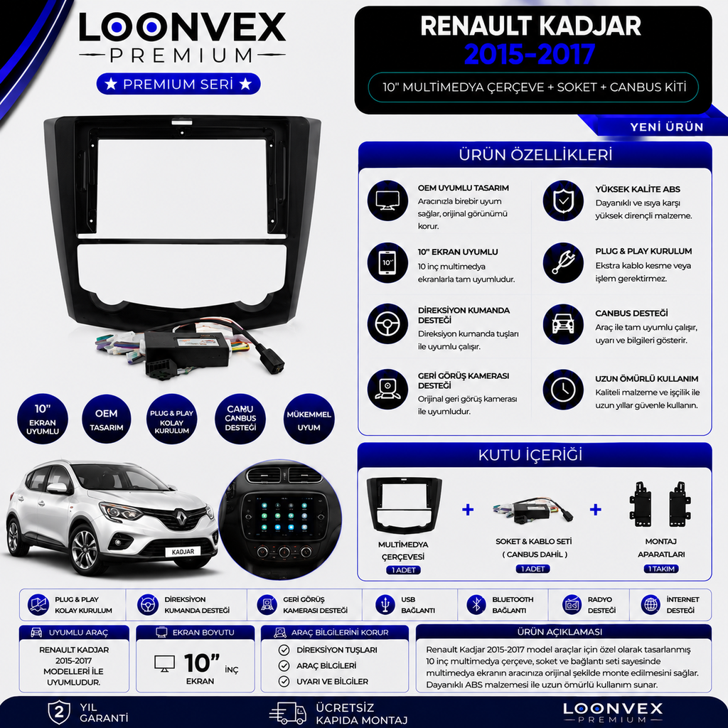 LOONVEX Premium Renault Kadjar 2015-2017 10 İnç Multimedya Çerçeve + Soket + CANBUS Montaj Kiti