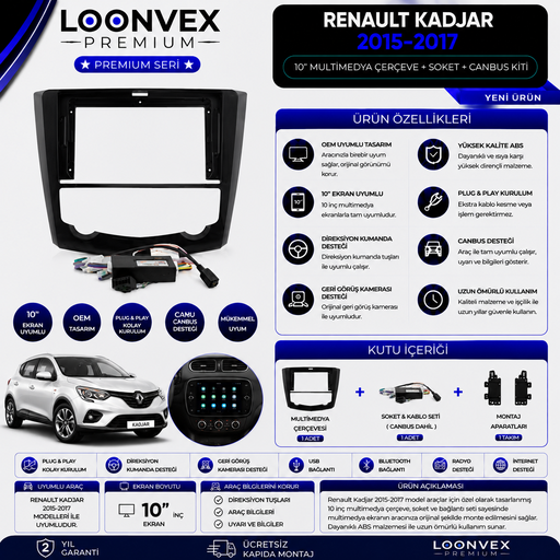 LOONVEX Premium Renault Kadjar 2015-2017 10 İnç Multimedya Çerçeve + Soket + CANBUS Montaj Kiti