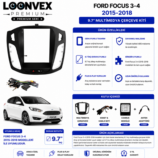 LOONVEX PREMIUM – FORD FOCUS 3-4 2012-2018 9.7" MULTİMEDYA ÇERÇEVE + SOKET KİTİ