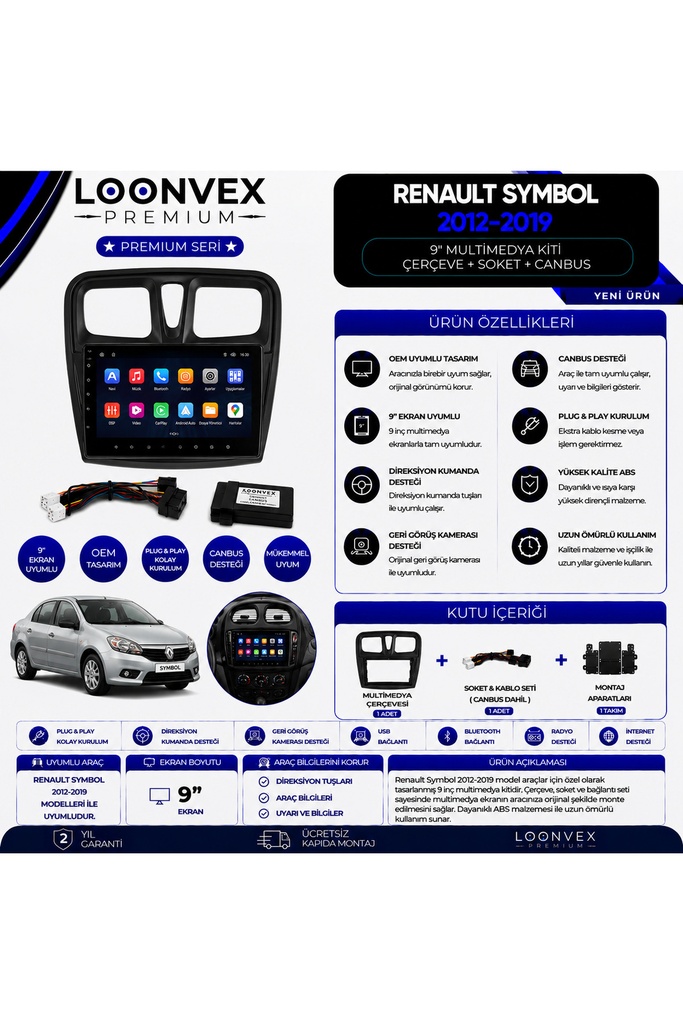 LOONVEX Premium Renault Symbol 2012-2019 9 İnç Multimedya Çerçeve + Soket + CANBUS Montaj Kiti