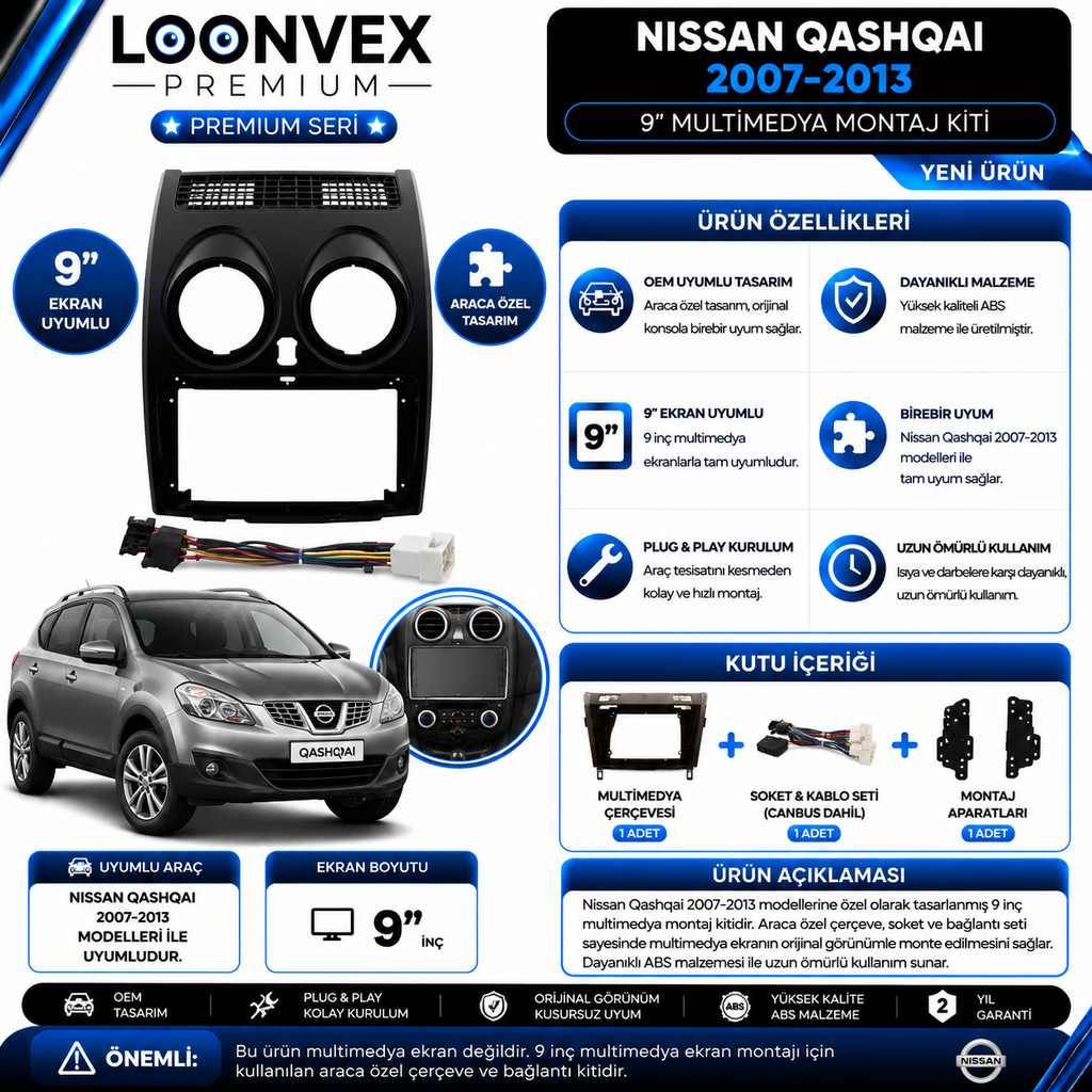 LOONVEX Premium Nissan Qashqai 2007-2013 9 İnç Multimedya Teyp Çerçevesi + Soket Montaj Kiti