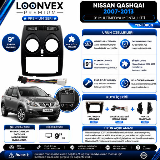 LOONVEX Premium Nissan Qashqai 2007-2013 9 İnç Multimedya Teyp Çerçevesi + Soket Montaj Kiti