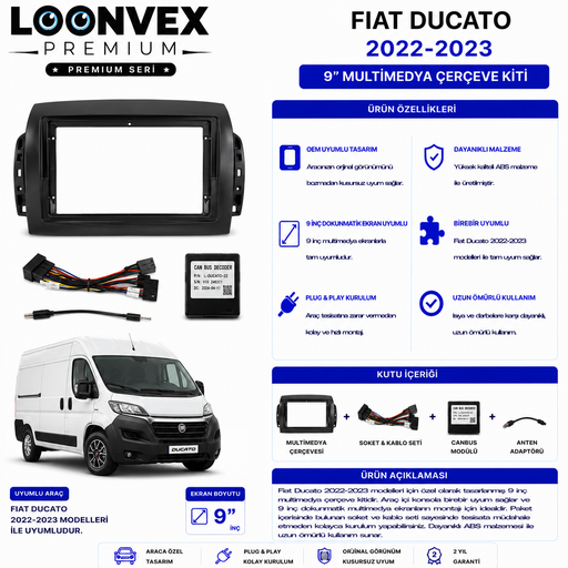 LOONVEX PREMIUM – FIAT DUCATO 2022-2023 9" MULTİMEDYA ÇERÇEVE + SOKET KİTİ