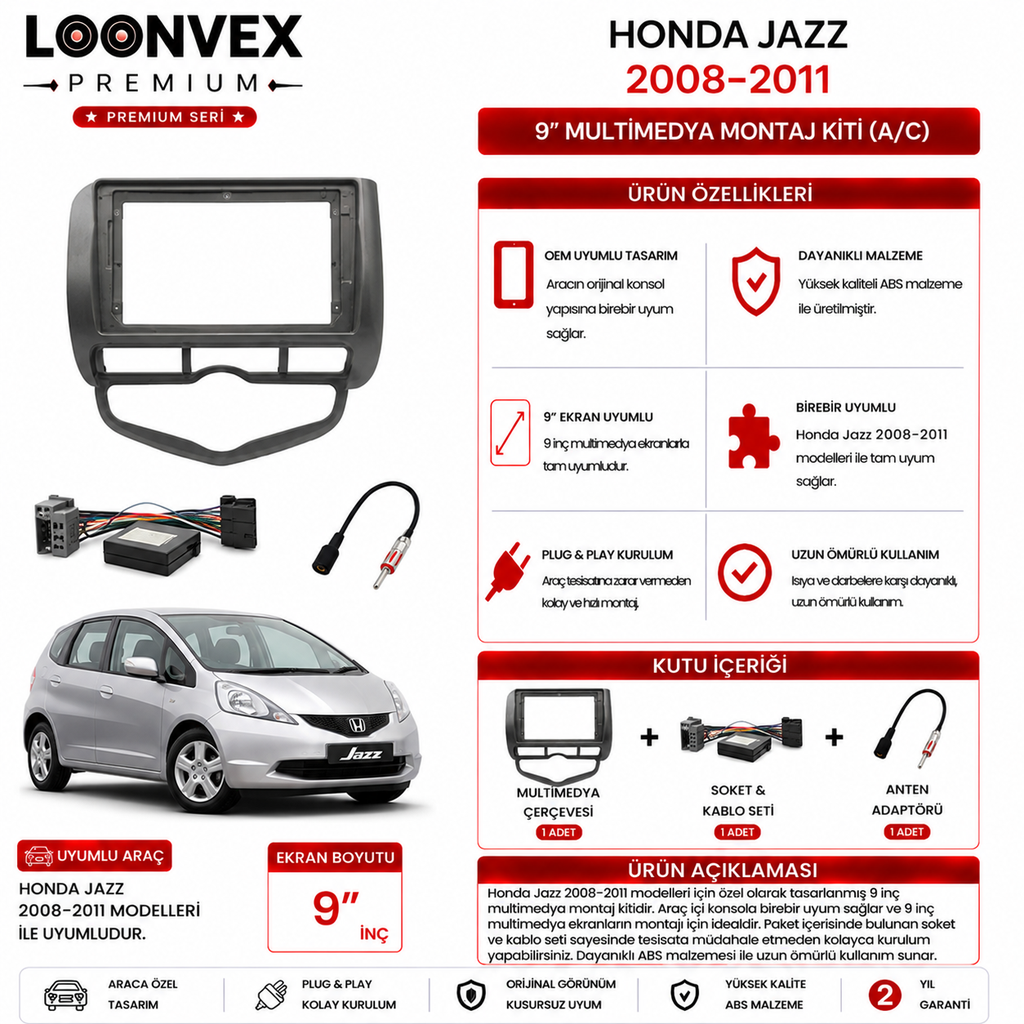 LOONVEX PREMIUM – HONDA JAZZ 2008-2011 A/C 9" MULTİMEDYA ÇERÇEVE + SOKET KİTİ