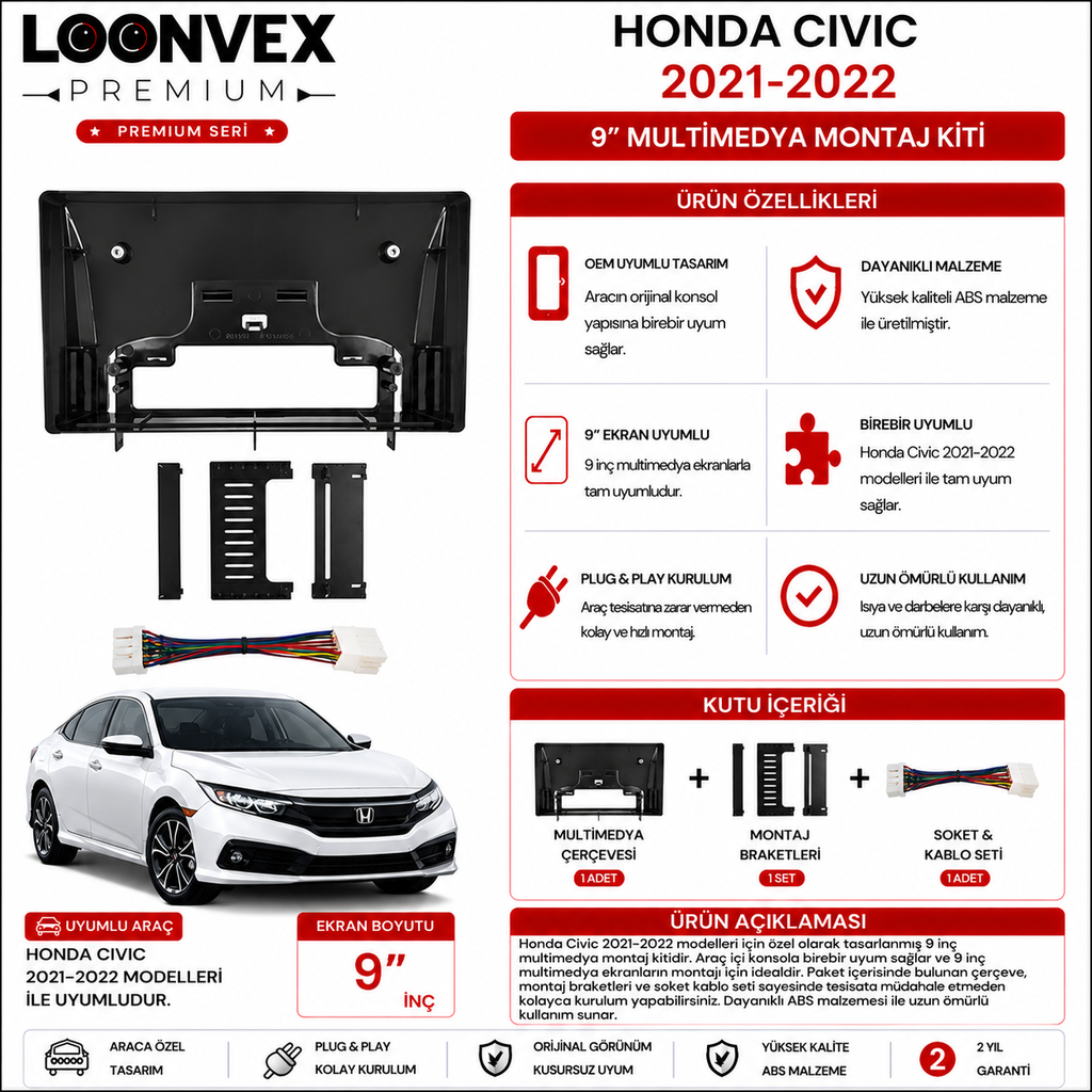 LOONVEX PREMIUM – HONDA CIVIC 2021-2022 9" MULTİMEDYA ÇERÇEVE + SOKET KİTİ