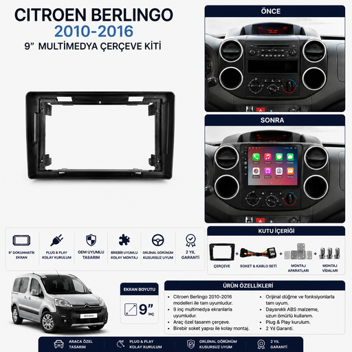 LOONVEX Citroen Berlingo 2010-2016 9 İnç Multimedya Çerçeve + Soket Seti OEM Uyumlu