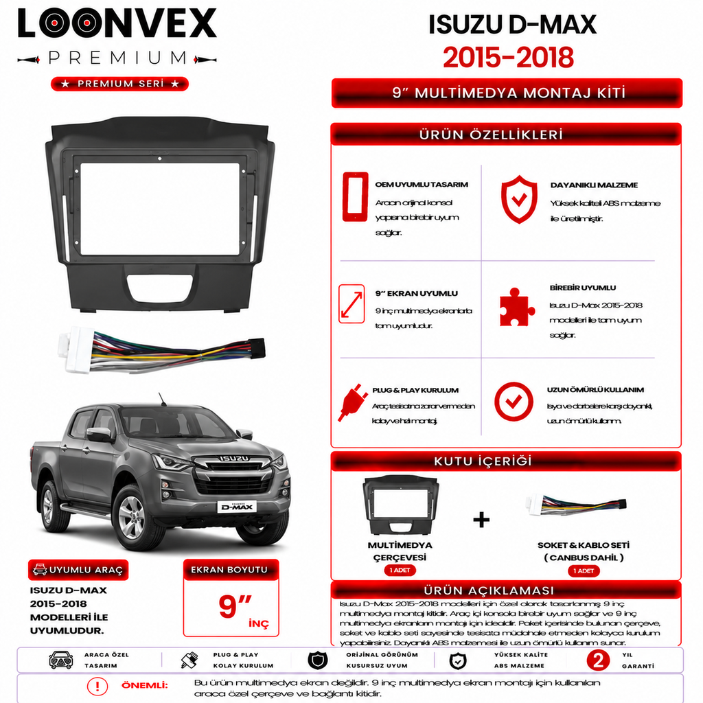 LOONVEX PREMIUM – ISUZU D-MAX 2015-2018 9" MULTİMEDYA ÇERÇEVE + SOKET KİTİ