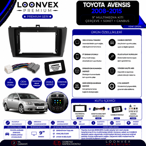 LOONVEX Premium Toyota Avensis 2008-2015 9 İnç Multimedya Çerçeve + Soket + CANBUS Montaj Kiti