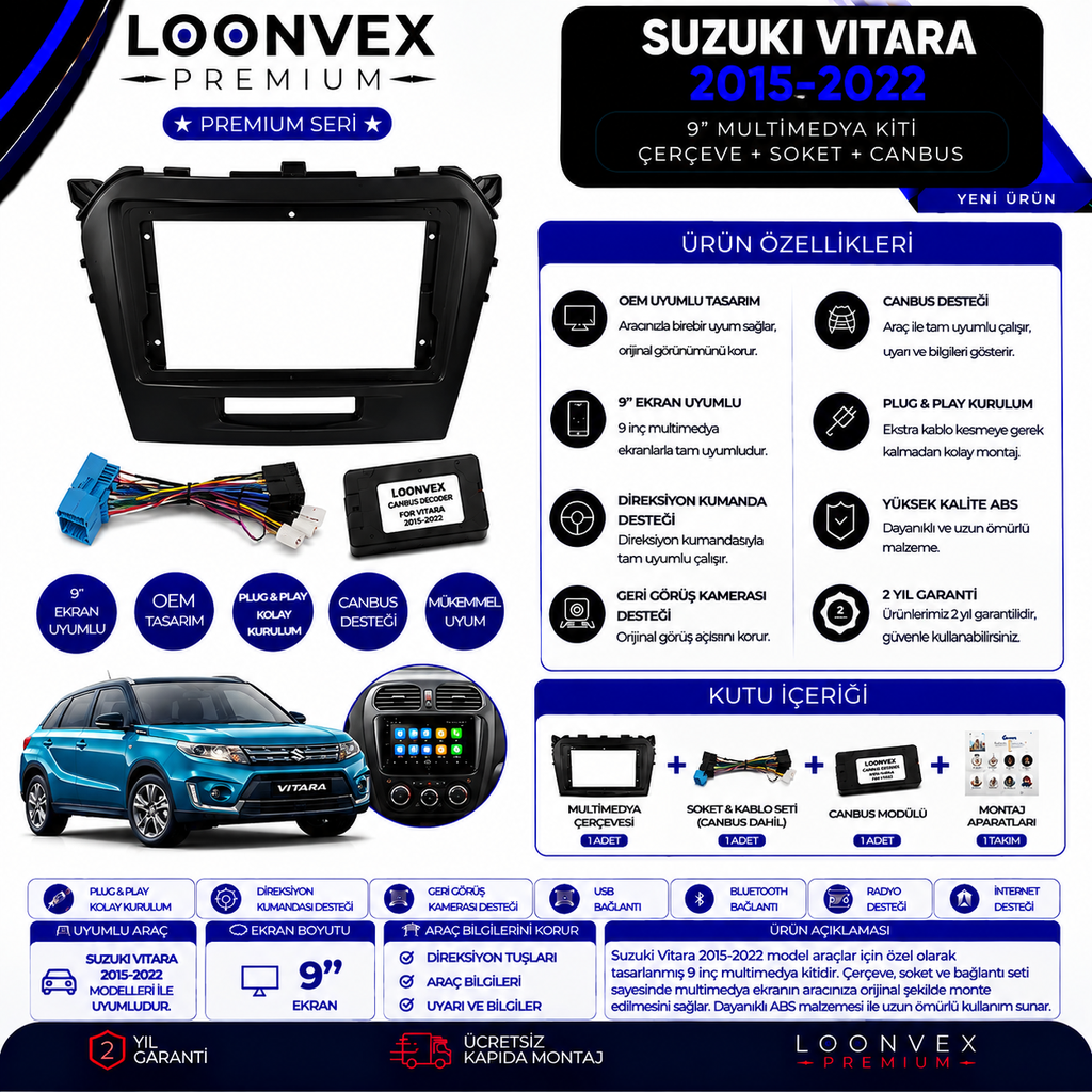LOONVEX Premium Suzuki Vitara 2015-2022 9 İnç Multimedya Çerçeve + Soket + CANBUS Montaj Kiti