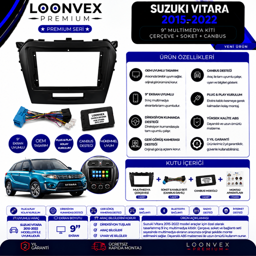 LOONVEX Premium Suzuki Vitara 2015-2022 9 İnç Multimedya Çerçeve + Soket + CANBUS Montaj Kiti