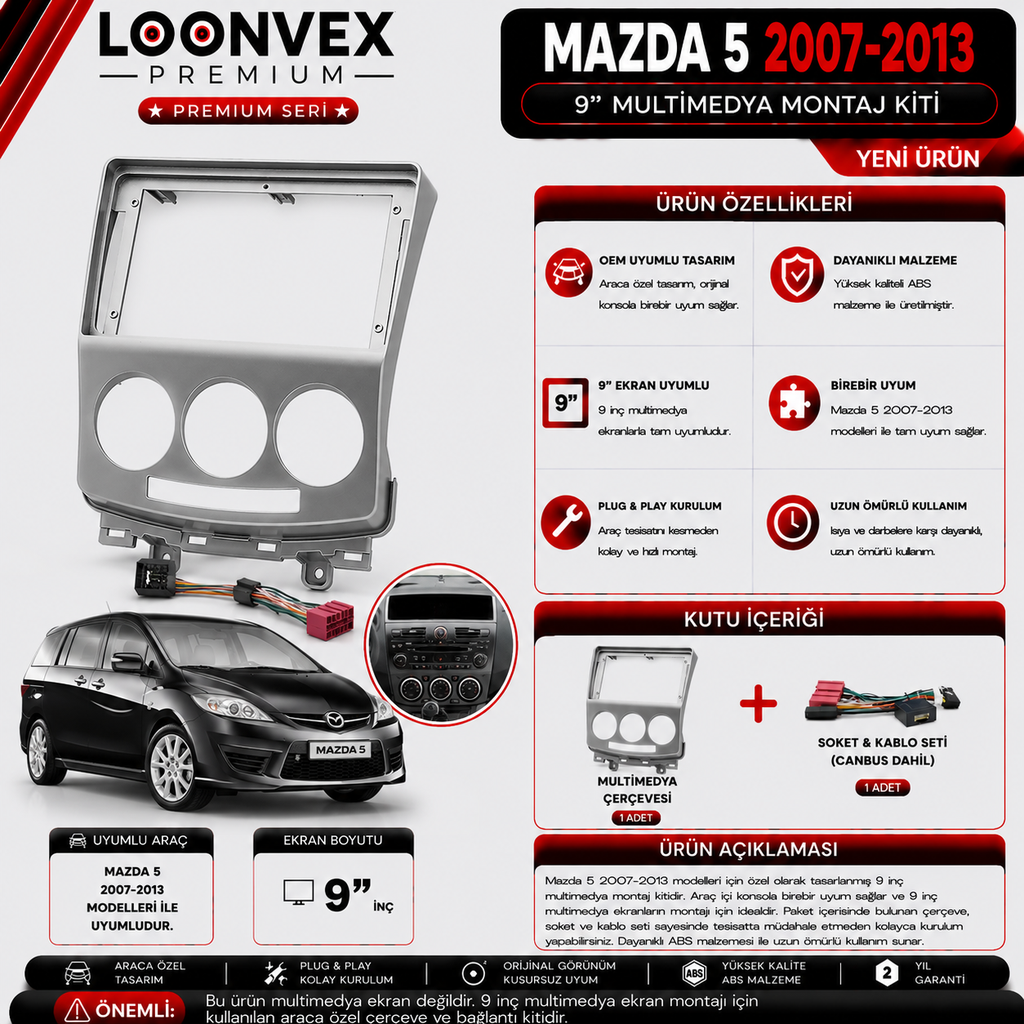 LOONVEX PREMIUM MAZDA 5 2007-2013 9" MULTİMEDYA MONTAJ KİTİ
