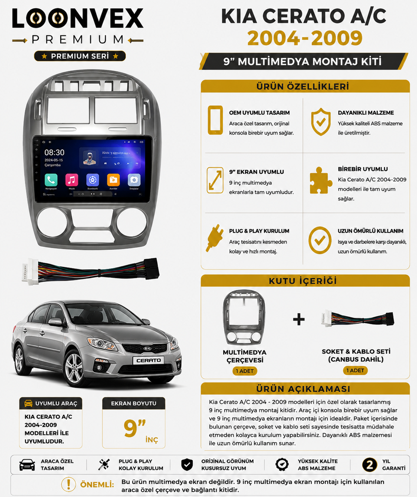 Loonvex Premium Kia Cerato 2004-2009 9 İnç Dijital Klima Multimedya Çerçeve + Soket Kiti