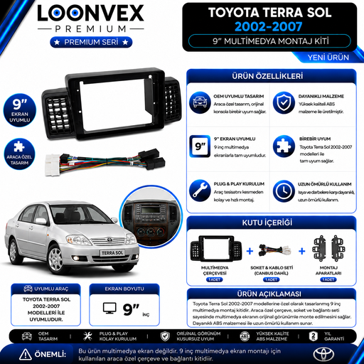 LOONVEX Premium Toyota Terra Sol 2002-2007 9 İnç Multimedya Çerçeve + Soket + CANBUS Montaj Kiti