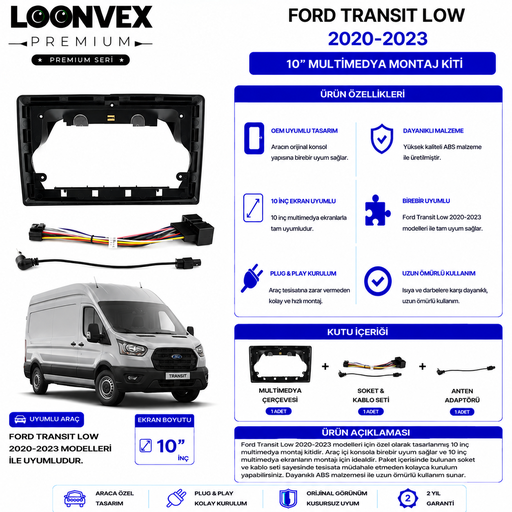 LOONVEX PREMIUM – FORD TRANSIT LOW 2020-2023 10" MULTİMEDYA ÇERÇEVE + SOKET KİTİ